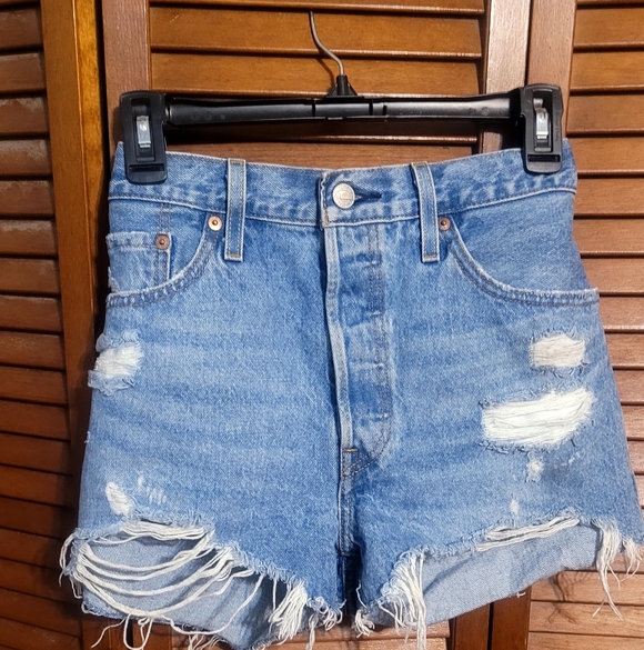 Levi's Pants - Levi's Blue Distressed Jean Shorts. High Rise, And Buttonfly Closure. Size 27